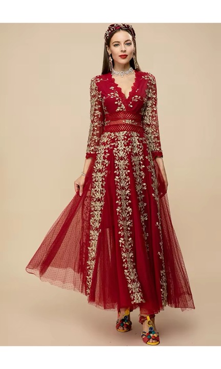 Rochie din tul rosu, broderie aurie, lunga, Rosu, XL