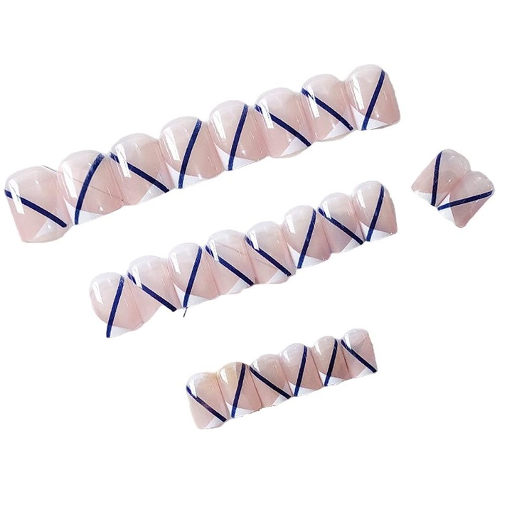 Set 24 Unghii False Glossy, Albastru French, 12 Marimi