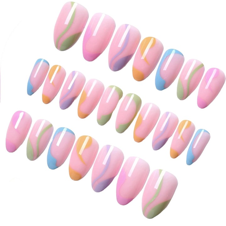 Set unghii false, reutilizabile, 24 bucati, multicolor, diverse marimi