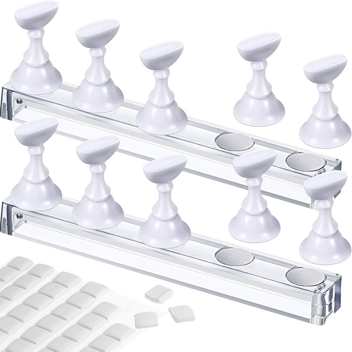 Set de practica pentru unghii acrilice, suport magnetic, albe, adeziv reutilizabil, set de 2
