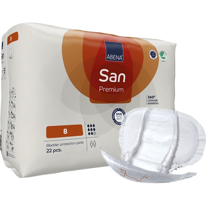 Absorbante anatomice pentru incontinenta severa Abena San 8, 22 buc, 2100 ml
