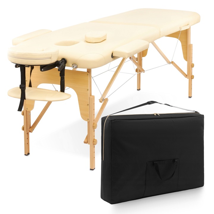 Masa de masaj, cu Tetiera, pentru Reabilitare, Portabila, Usor de transportat, Confortabil de utilizat, Inaltime reglabila 55-76 cm, maxim 250 kg, Dimensiuni 185 x 70 cm, Husa Transport, Lemn, Piele ecologica, Bej