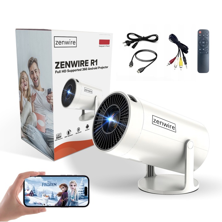 360° мини видео проектор, Zenwire®, R1, ANDROID 12, WiFi 6 Bluetooth, преносим проектор, AutoKeystone, функция 270, HDMI / Audio mini Jack / USB / захранващ контакт / захранващ кабел / HDM-HDMI кабел 1M / дистанционно управление / ръчно на употреба