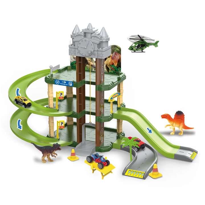 Pista Hot Wheels Dinozaur Loc de Parcare, 2 Etaje, Pista, 40 x 8 x 27 cm, Multicolor, 57 piese, Dalimag