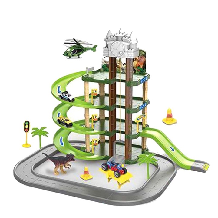 Jucarie Dinozaur, 3 Etaje, Model Feroviar, 57 Piese, Pista, 40 cm x 8 cm x 29 cm, multicolor, Dalimag