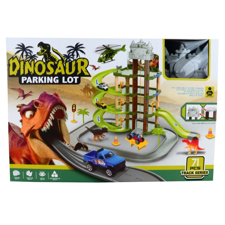 Играчка Динозавър Паркинг, 3 Етажа, Писта, 71 Части, 40 см x 55 см x 44 см, Многоцветен, Dalimag