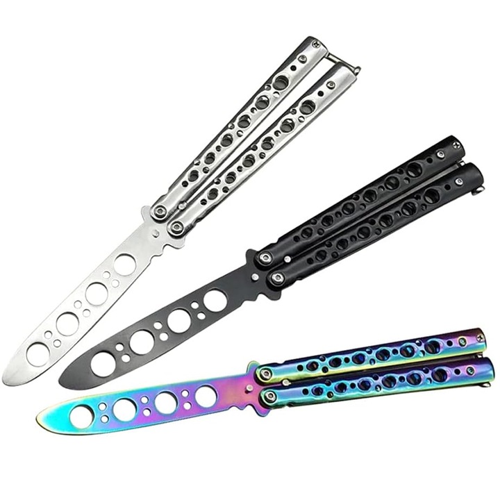 Set 3 Briceag Butterfly, Zggzerg, Fara tais, Anti rugina, Rezistent la uzura, Puternic si durabil, Mic si portabil, Exercitii pentru incepatori pentru incepatorii CSGO, otel inoxidabil, 21.5cm, Negru/Argintiu/Culoare