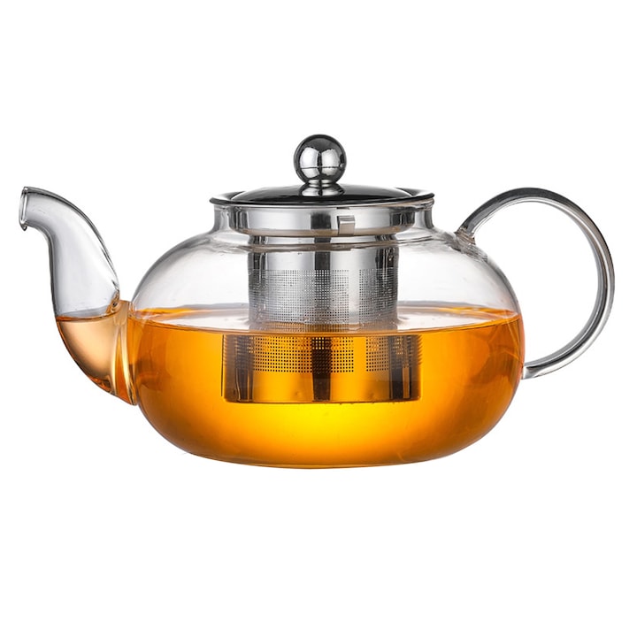 Teáskanna szűrővel, SINBINTA, 1000ml, Robbanásgátló hőálló, Könnyen tisztítható, Boroszilikát üveg, Ergonomikus kialakítás, 13x9,5cm, Átlátszó