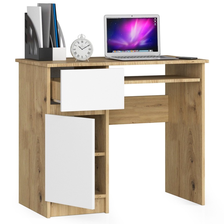 AKORD Furniture Factory PIKSEL számítógépasztal, billentyűzettartó fiókkal és polcos szekrénnyel, matt laminált felület, artisan tölgy/fehér, 90x50x77 cm