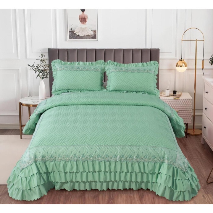 Cuvertura si fete de perna, Bumbac, Volanase Elegante, 3 piese, 2 persoane, Uni, 245x250cm, Verde Ou de Rata