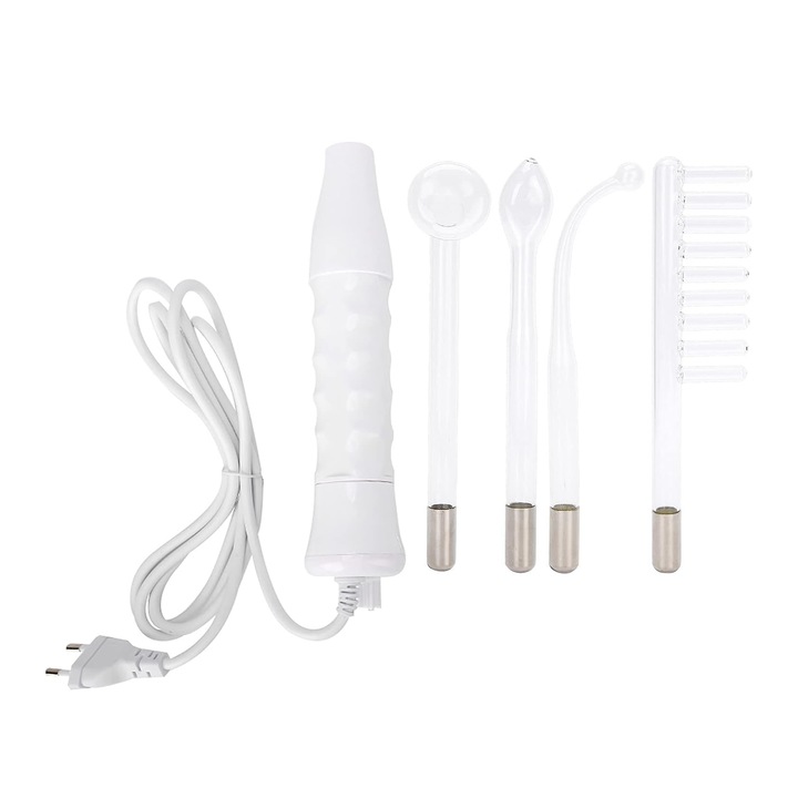 Electroderm cosmetic portabil cu 4 electrozi, Tratament cu Frecventa Inalta pentru Acnee, Riduri, Controlul Petelor, Cearcane, Ten, Par Seboreic, Stimulator Scalp, Infrumusetare, Biostimulare Faciala, Lifting, OUYLAF, Alb