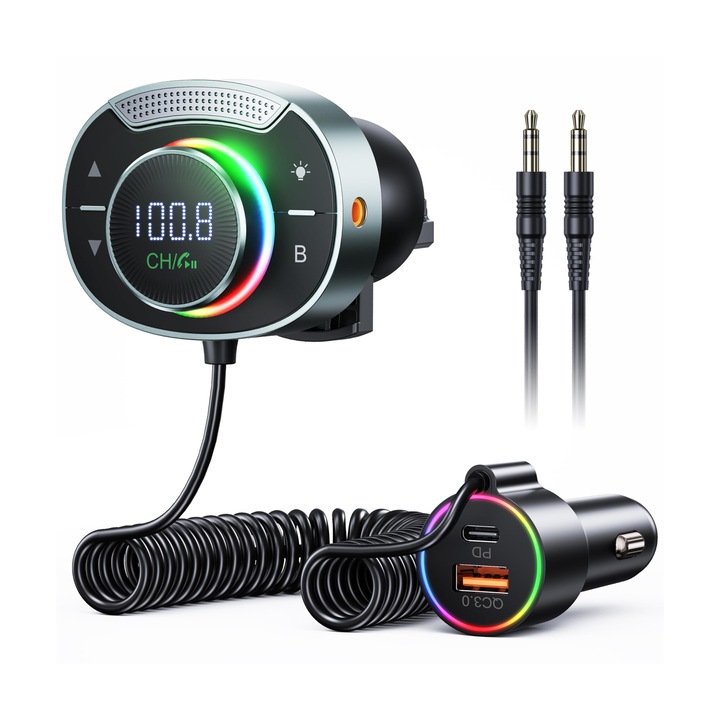 Modulator FM, Bluetooth 5.3, Transmitator FM Radio, Hands-Free cu functie Noise Cancelling/ Anulare zgomot de fundal, Functie incarcare rapida, Fast Charge Type-C si USB 3.0, Buton SuperBass, Functii suplimentare de redare AUX si Micro SD, Negru
