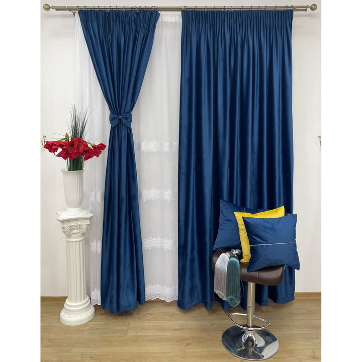 Set doua draperii catifea, culoare bleumarin, colectia Velvet lux by Liz Line cu rejansa lata de 10cm tip creion, 2x140cmx245cm, plus cadou bride de prindere stil papion - DR50314