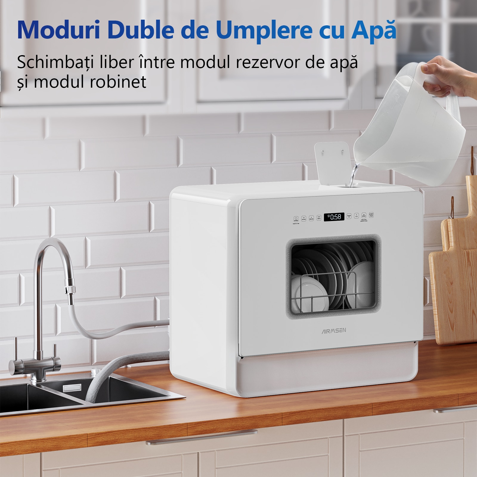 Mini masina de spalat vase, Pentru 5-6 persoane, Sistem dedurizare apa, Pornire programabila,175 kWh/an, Spalare rapida in 28 min, Perfecta pentru camping