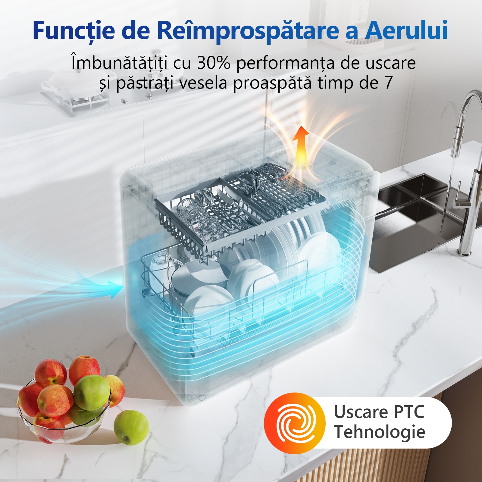 Mini masina de spalat vase, Pentru 5-6 persoane, Sistem dedurizare apa, Pornire programabila,175 kWh/an, Spalare rapida in 28 min, Perfecta pentru camping