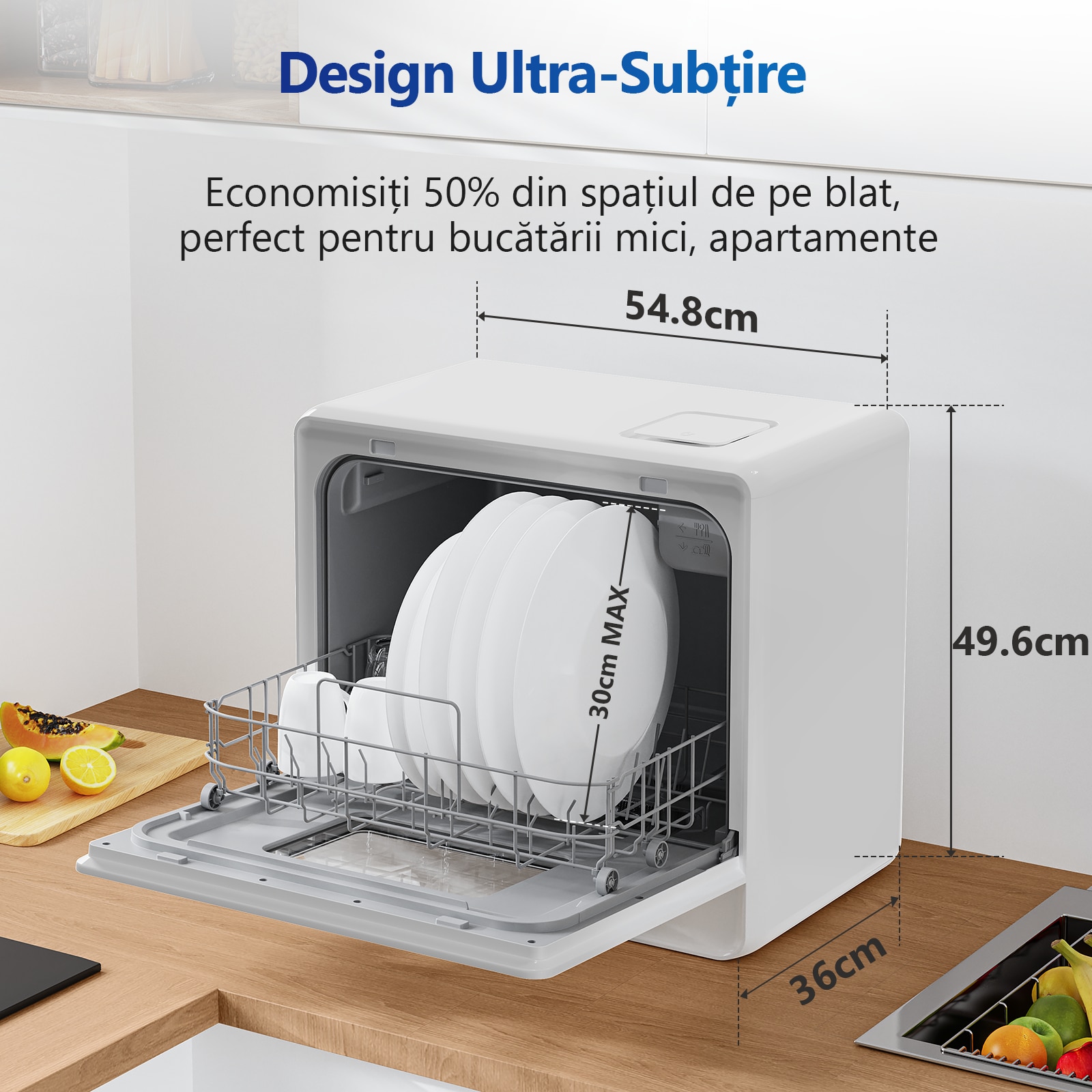 Mini masina de spalat vase, Pentru 5-6 persoane, Sistem dedurizare apa, Pornire programabila,175 kWh/an, Spalare rapida in 28 min, Perfecta pentru camping