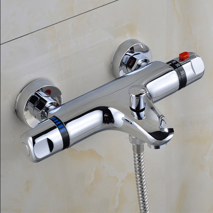 Baterie Dus Termostatica din Alama, Control al Temperaturii la 38°C, Protectie Anti-Oparire, Functie de Memorie, Debit Reglabil, Material de Inalta Calitate, SMART GADGETS C&A, Finisaj Cromat, Monocomanda, Cada/Dus