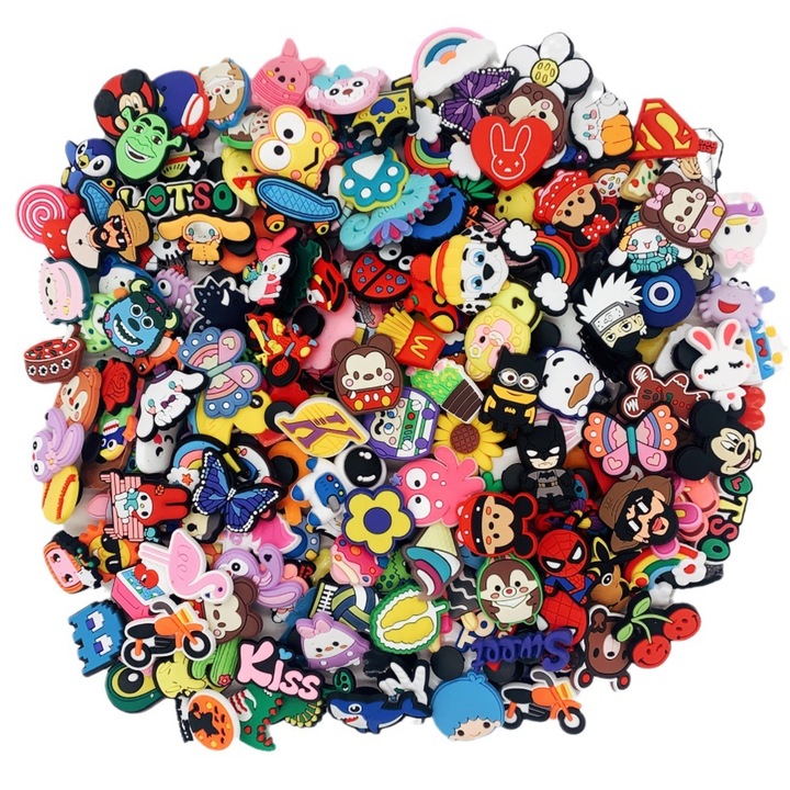 Комплект аксесоари Crocs, NUODWELL, 100 бр., Карикатури, Произволен асортимент, Водоустойчивост, Многократна употреба, Лесен за инсталиране и използване, PVC, 2,5 см, Многоцветен