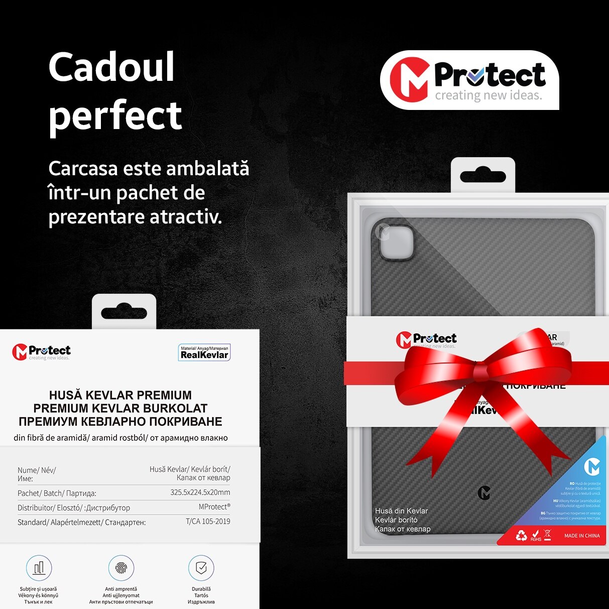 Husa de protectie Kevlar MProtect® Premium din fibra de aramida pentru Apple iPad Pro 11" (2024), Antisoc, Protectie camera, Ultra Safe, Carbon