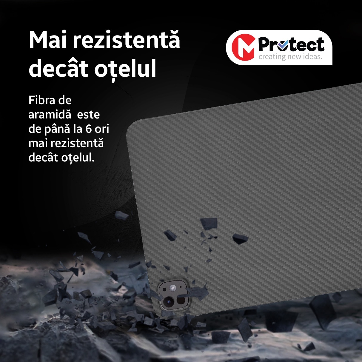 Husa de protectie Kevlar MProtect® Premium din fibra de aramida pentru Apple iPad Pro 11" (2024), Antisoc, Protectie camera, Ultra Safe, Carbon