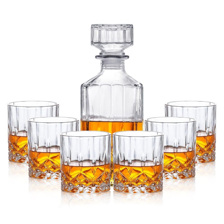 Set 7 Decantor Whiskey, 6 x Pahare 266 ml, carafa 886ml, Set carafa si pahare Pentru design diamant, Sticla, transparent