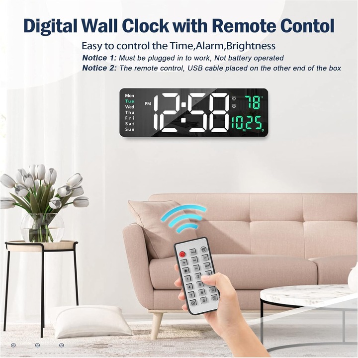 Ceas digital de perete, afisaj LED mare 16.2 inch, functie alarma si cronometru, ajustare luminozitate, negru