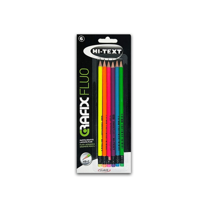 Графитен молив Hi-Text 065 Lacquered Fluo HB, 6 цвята/блистер