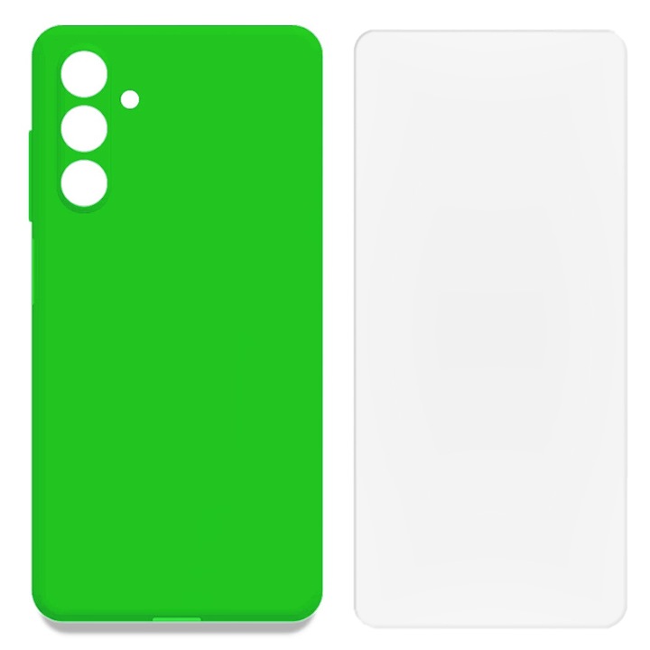 Set Protectie compatibil cu Samsung Galaxy S23 FE, Husa de Silicon cu Microfibra FONIX BloomShield si Folie de Silicon Regenerabila, Ultra-rezistent, Protectie Camera, Margini Ridicate, Ultra-Subtire, Verde Neon