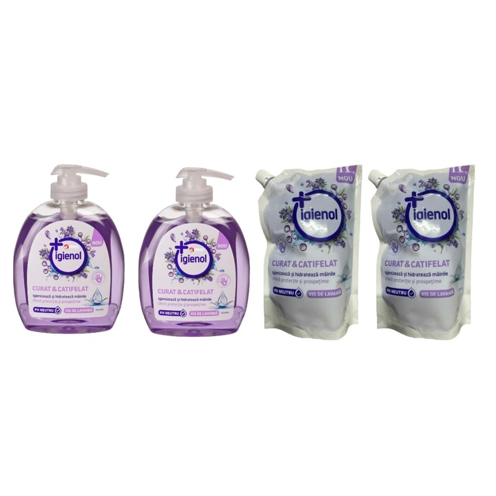 Set Curatenie Universal Igienol Variety 4 x Componente, 2 x Sapun Lichid Pompa 300ml Lavanda, 2 x Sapun Lichid Rezerva 500ml Lavanda, rapid si eficient, testat dermatologic, prospetime de lunga durata, elimina mirosuri neplacute