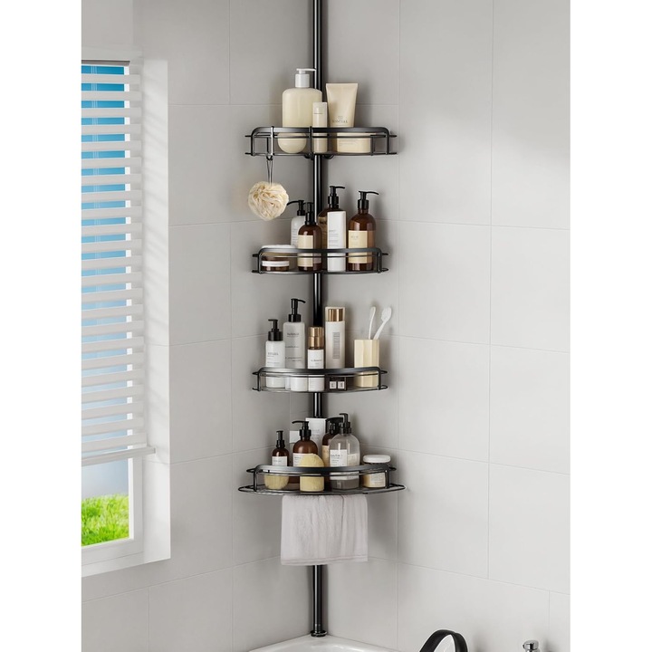 Etajera Colt Pentru Baie, Etajera Extensibila Cu 4 Polite Si Umeras, Suport Prosop, Carlige, De Colt Reglabil, Inaltime Reglabila 85-305cm, Potrivit Pentru Camere De Zi, Bucatarii, Dormitoare, Bai Etc