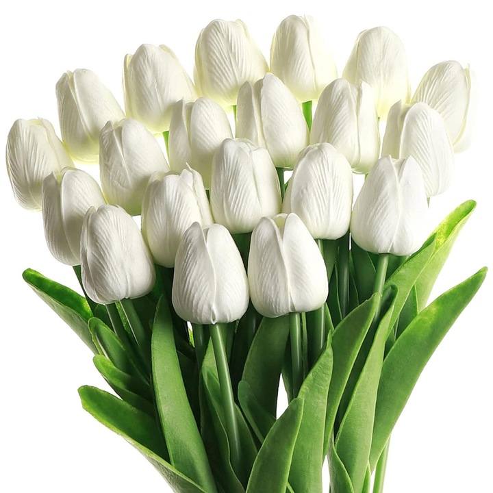 Buchet 20 lalele, SINBINTA, Usor de asortat, Nu se decoloreaza, Reutilizabile, Flori artificiale cu aspect natural, Nu se deterioreaza usor, Soft touch, Decoratiuni pentru casa, PU, 33x4 cm, Alb