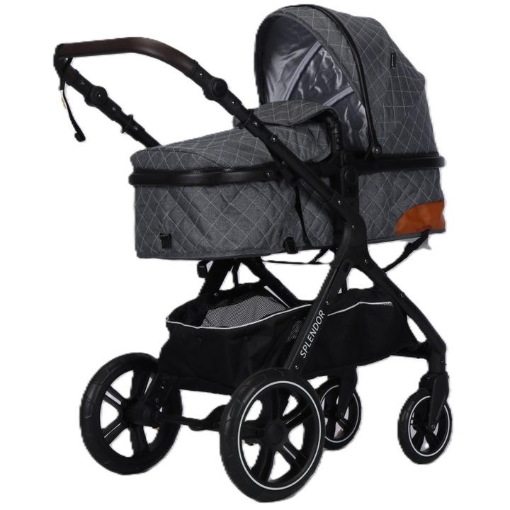 Carucior multifunctional 2 in 1, suspensii, Roti EVA, maner reversibil, parasolar, Cadru otel+aluminiu, Frana- picior Splendor SPX1GRI (gri)