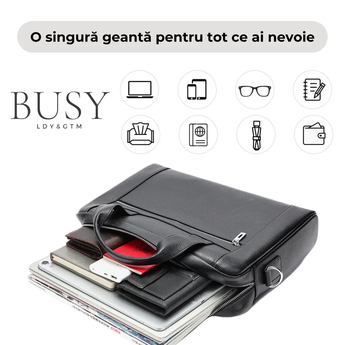 Geanta laptop 14 inch din piele naturala, BUSY LDY&GTM® Baron, de umar, de mana, negru