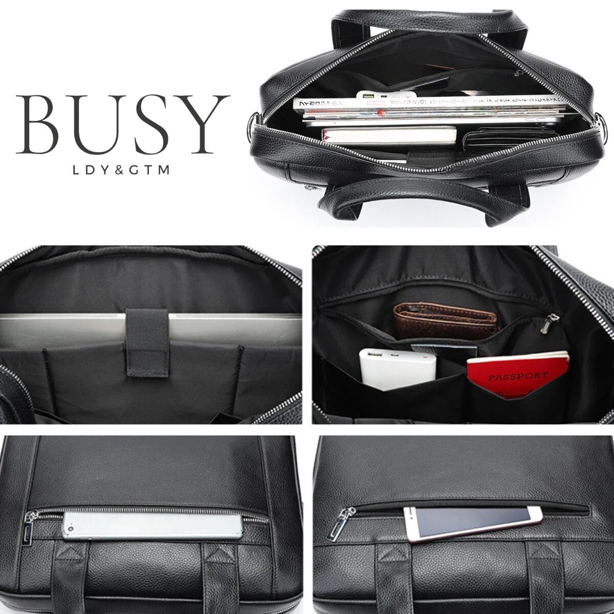 Geanta laptop 14 inch din piele naturala, BUSY LDY&GTM® Baron, de umar, de mana, negru