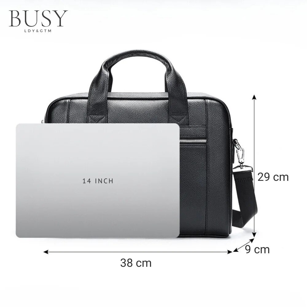 Geanta laptop 14 inch din piele naturala, BUSY LDY&GTM® Baron, de umar, de mana, negru