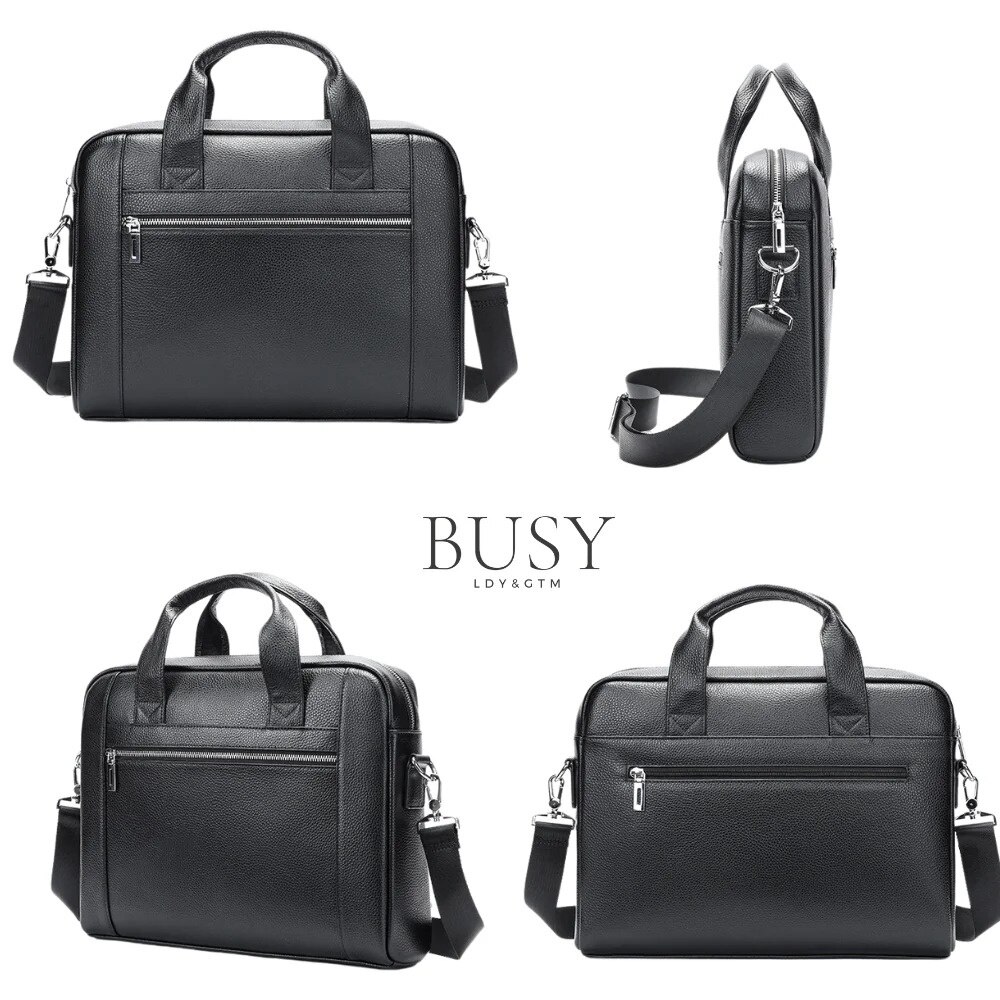 Geanta laptop 14 inch din piele naturala, BUSY LDY&GTM® Baron, de umar, de mana, negru