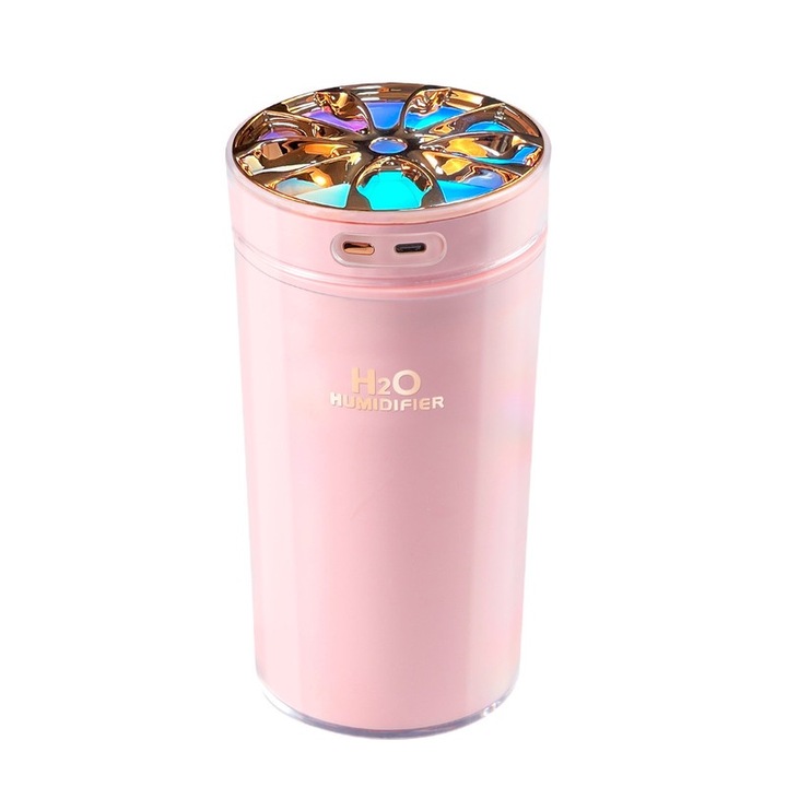 Umidificator auto cu lumini colorate, capacitate 300ml, functie timer, roz