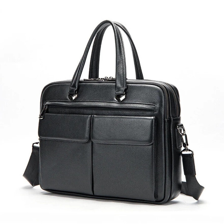 Servieta din piele naturala, de umar, BUSY LDY & GTM® Dr. House, premium, capacitate mare documente, laptop 15 inch, negru