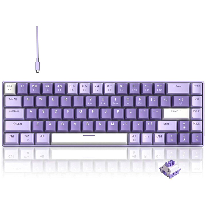 Tastatura Mecanica Gaming Timebox, 60%, iluminare RGB, 68 taste, cu cablu Type-C, Violet Switch, Hot-Swap, Portabila, Compatibil Windows, Mac, Linux, Mov