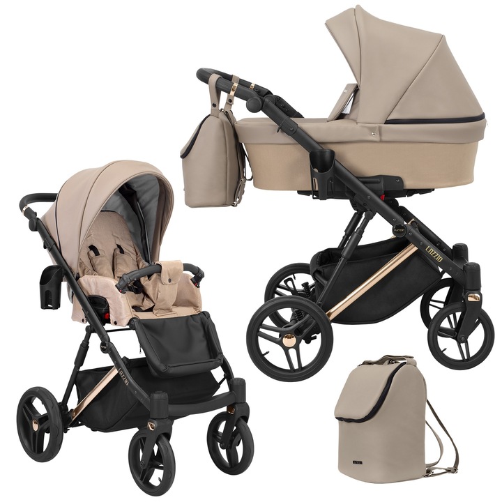 Babakocsi, 2 az 1-ben, Kunert, Lazzio, Premium, vörösréz váz, táskával és tartozékokkal, Cappuccino