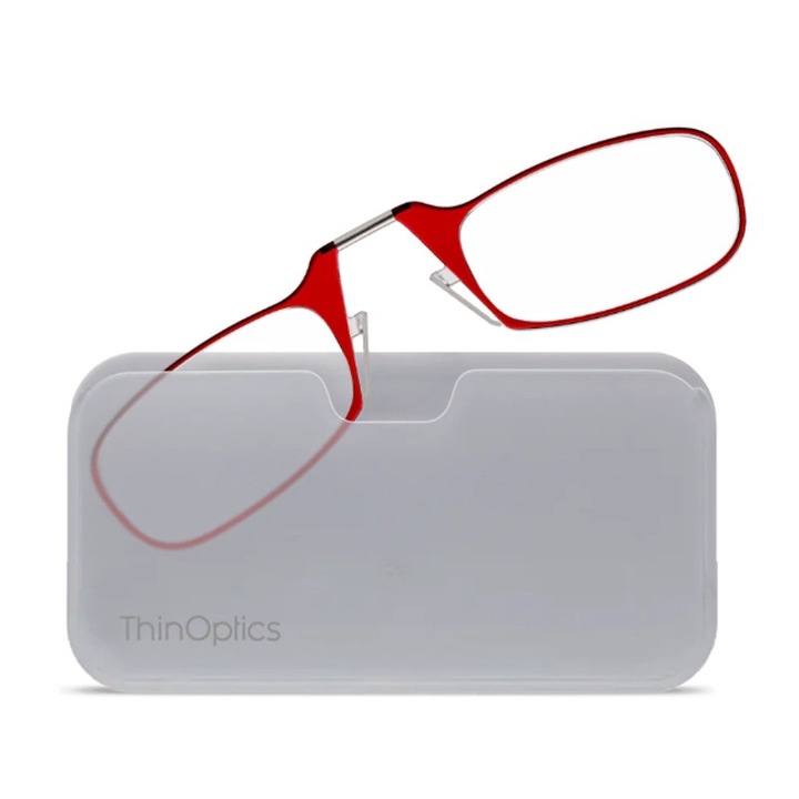 Ochelari de vedere (pentru citit) fara brate ThinOPTICS, Cu o cutie transparenta mata, Ultracompacti, Dioptrie +2.0, Rosu