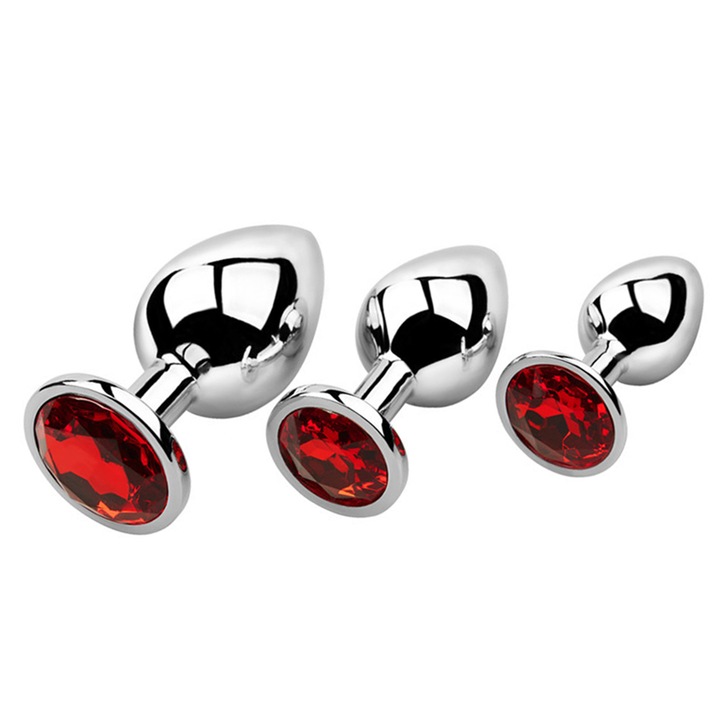 Bestoner, Set 3 Dopuri Anale, Metal, 7x2, 8cm, 8x3, 4cm, 9, 5x4cm, Roz Culoarea pietrei pretioase rotunde anal plug: Rosu