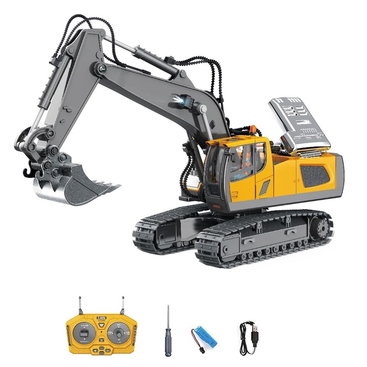 Багер с дистанционно управление, NUODWELL, С LED светлина, 11 канала RC excavato, Навигация във всички посоки, въртене на 680 и 360 градуса, Лесен за маневриране, За рожден ден, празник и Коледа, Alloy/ABS, 28x10.5x28cm, Черно/жълто