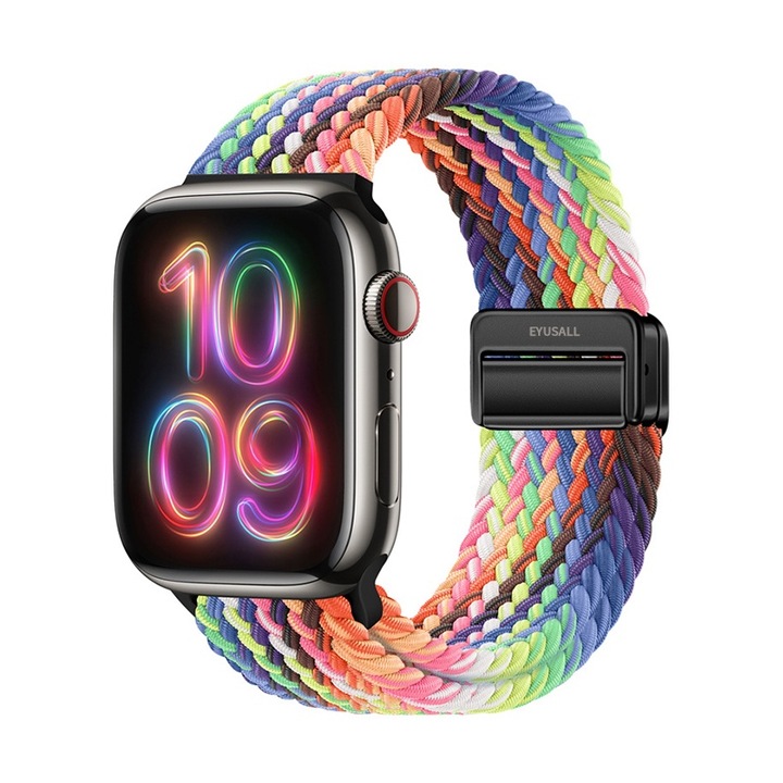 Curea Braided Loop Apple Watch SE/9/8/7/6/5/4/3/2/1, EYUSALL, Display 38/40/41 mm, Ajustabila, Elastica, Inchidere Magnetica, Multicolor