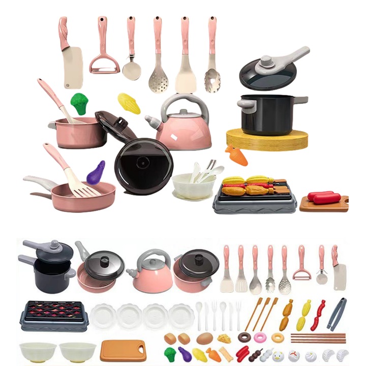 Gyerekkonyhai készlet, 61 részes készlet, Háztartási játékok, BPA-mentes, Szimulációs főzés, Szerepjáték, ABS, 3 év felett, Fantasy, Többszínű