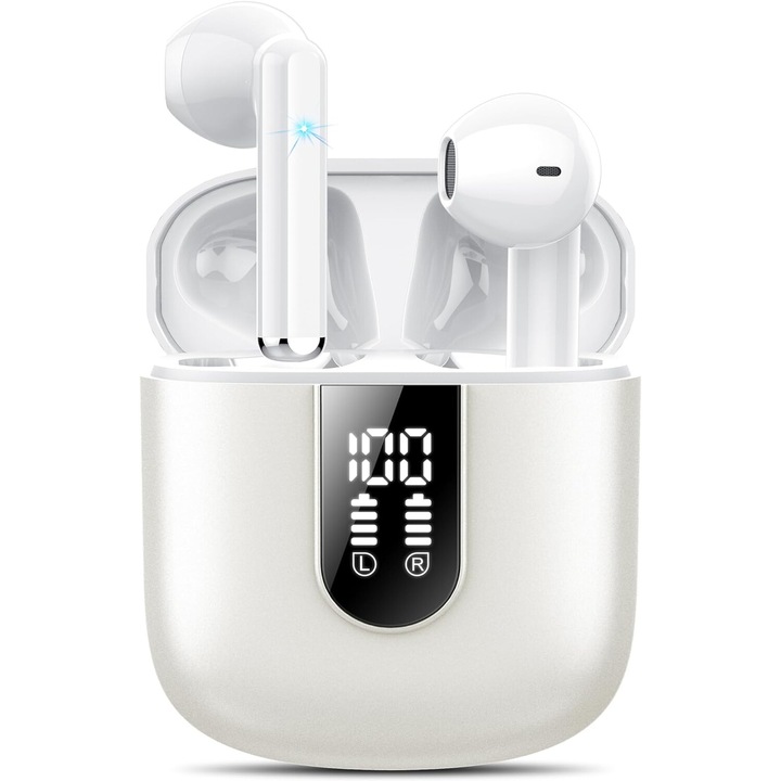 Vezeték nélküli fülhallgató, Bluetooth 5.3, HiFi sztereó hang, kettős LED kijelző, érintésvezérlés, IPX7, 30 órás autonómia, fehér