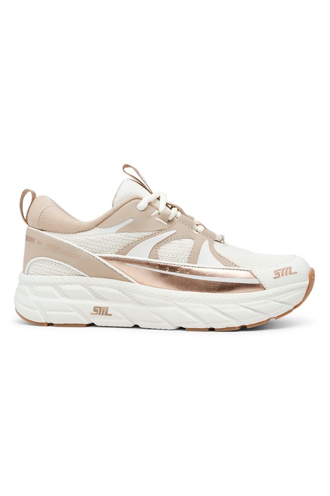 Steve Madden, Pantofi sport cu insertii de plasa Propel 3, Alb fildes/Maro nisip/Auriu rose
