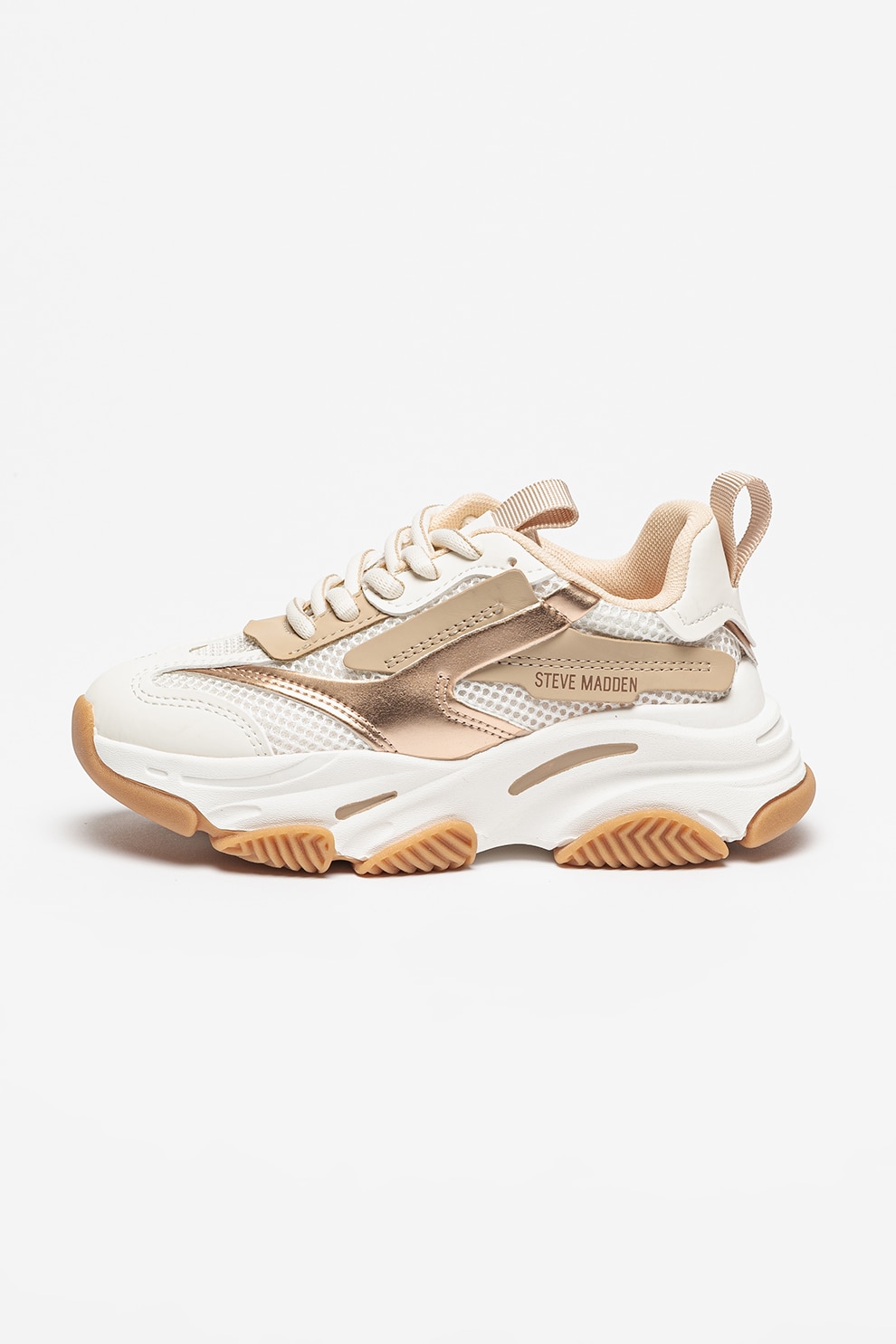 Steve Madden, Pantofi sport Possesion din plasa cu garnituri de piele ecologica, Alb optic, Auriu rose, Caramel, 33 EU