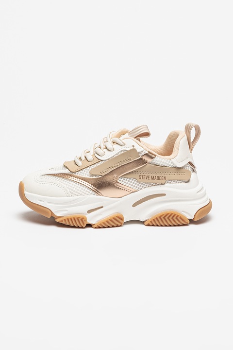 Steve Madden, Pantofi sport Possesion din plasa cu garnituri de piele ecologica, Alb optic/Auriu rose/Caramel