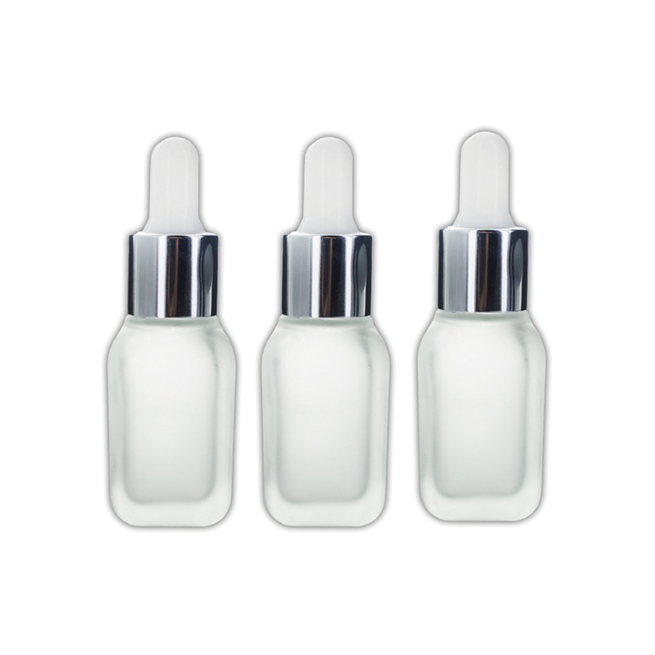 Set 3 bucati recipiente sticla mata alba 15 ml patrata si pipeta, cauciuc alb, guler argintiu, Flory